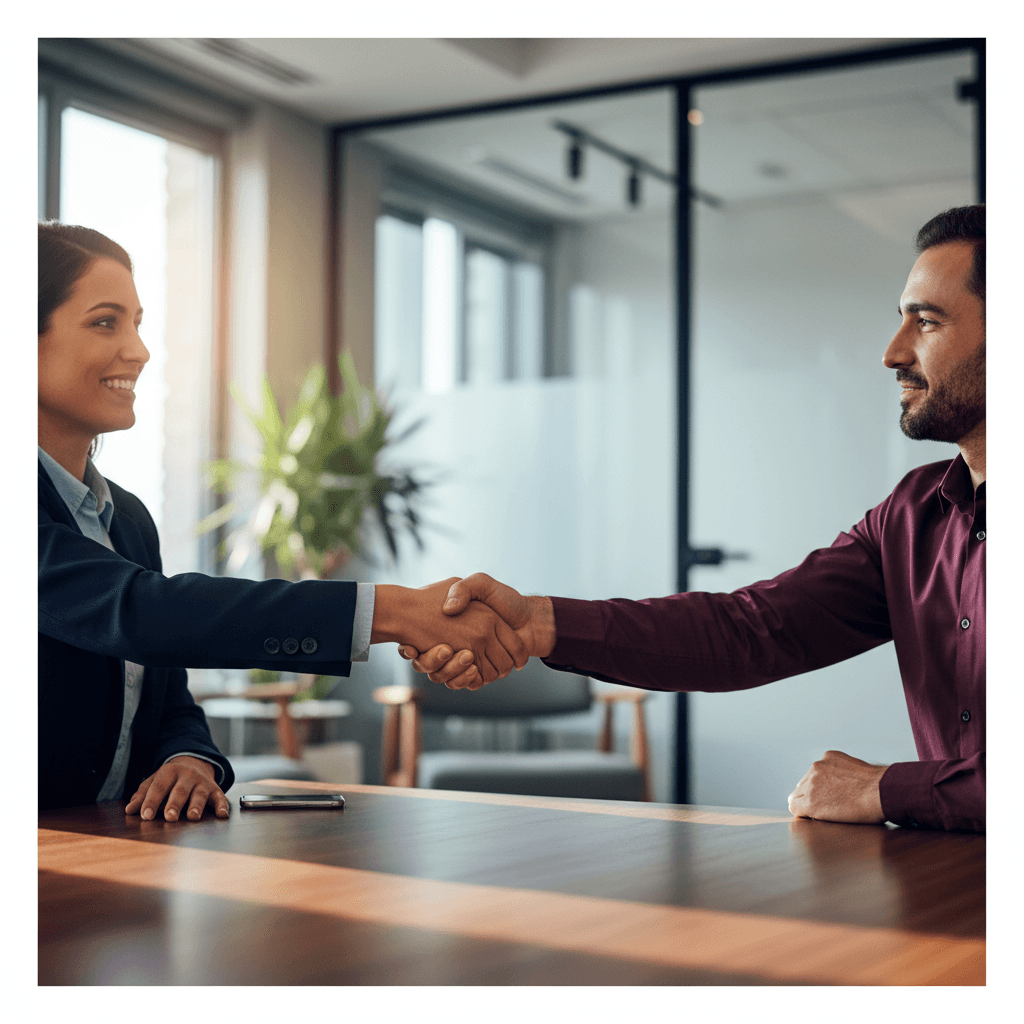 Business partners shaking hands in Luxembourg office