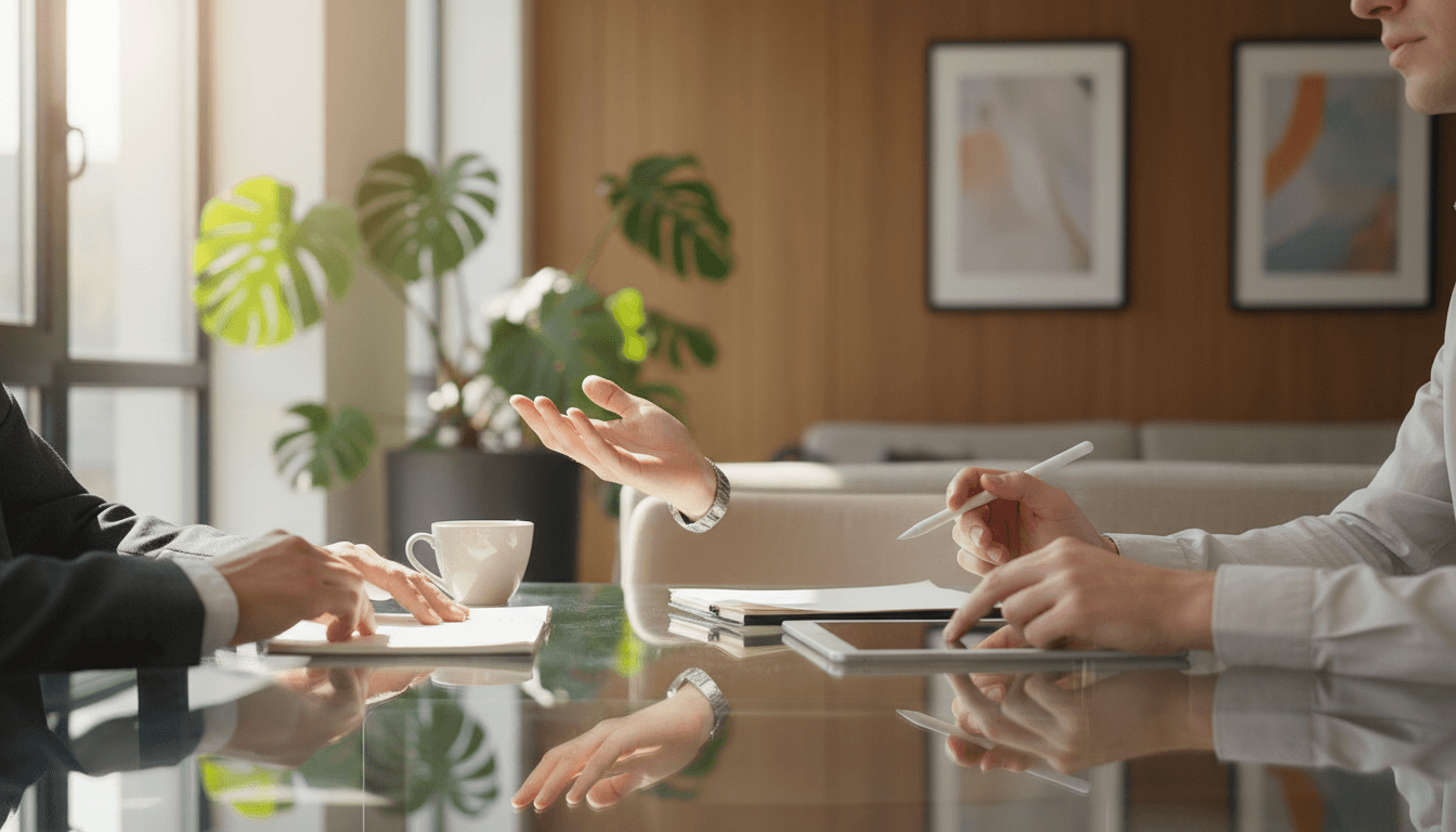 Two business professionals discussing expansion strategy in a modern Central European office