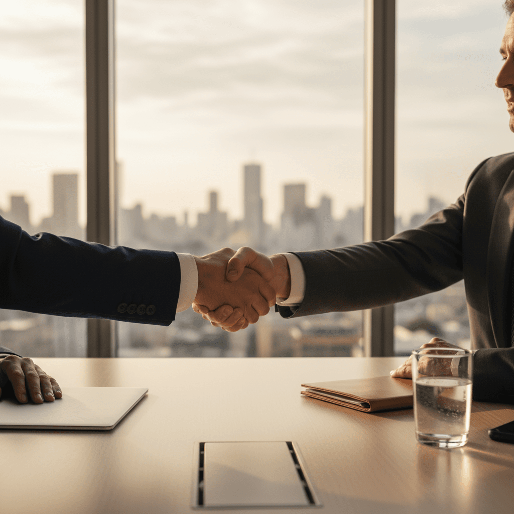 Strategic partners shaking hands across conference table
