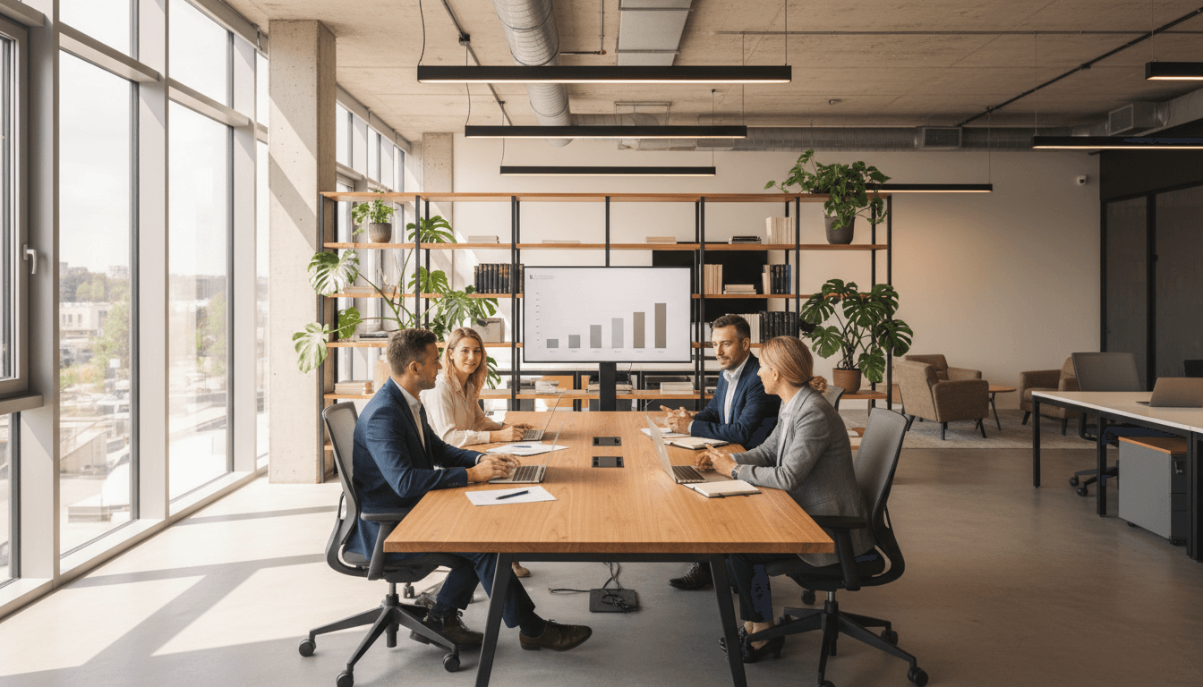 Two business professionals discussing strategy over documents in a modern office